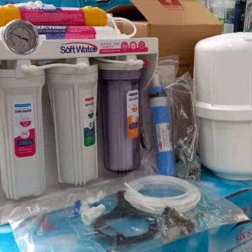 دستگاه تصفیه آب roاسمز معکوس6 مرحله ای برند سافت واترwater  softبا مخزن بزرگ و شیر اهرمی